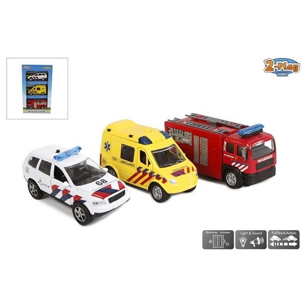 2-Play rescue team 3x hulpdiensten met licht en geluid en pullback-action 11cm ( inclusief batterijen )