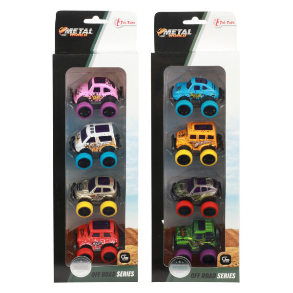 Metal Pull-back Off Road Mini Auto's, 4st.