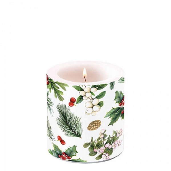 Ambiente Kaars klein Winter greenery wit dia7,5x9cm van parafine 35 branduren