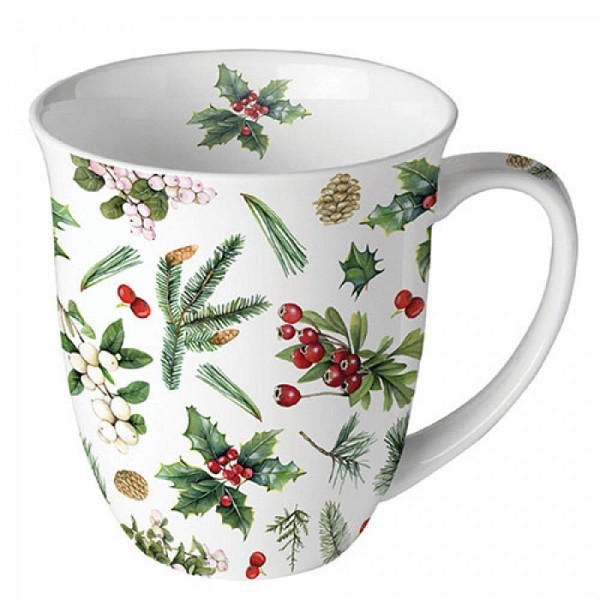 Ambiente Mok Winter greenery 400ml porselein wit dia10x10,5cm