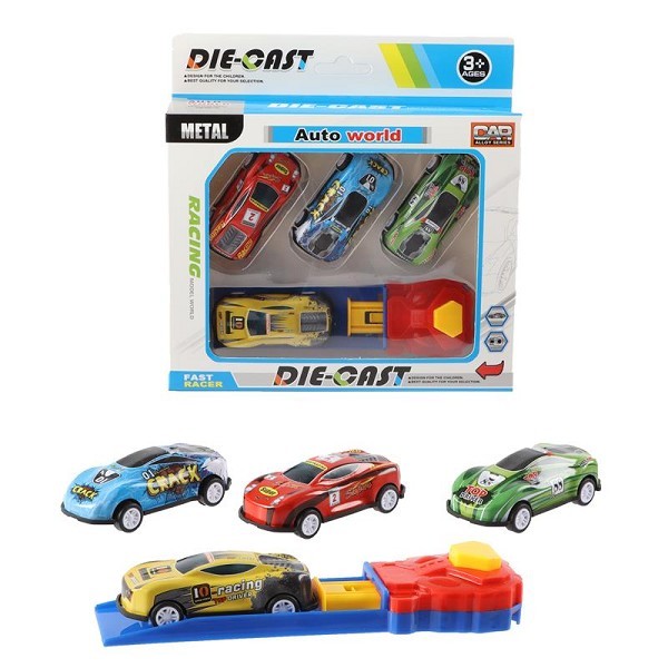 Auto world Die-Cast 4 afschietauto's met lanceerder