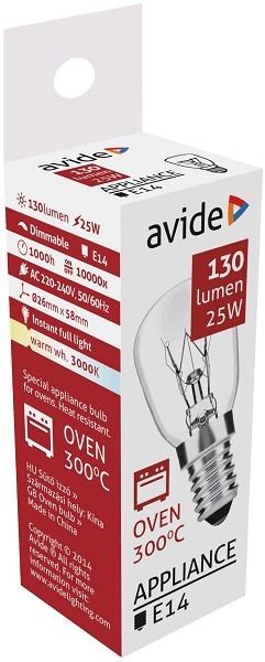 Avide oven gloeilamp tot 300°C 25W E14 warmwit  WW 3000K 130 lumen rough appliance 300°C Bulb