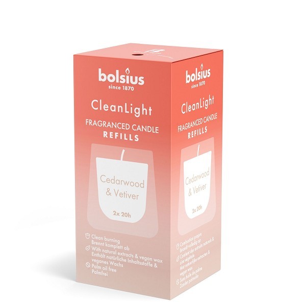 Bolsius Clean Light Geurnavulling 20u Cedarwood & Vetiver doosje a 2 stuks