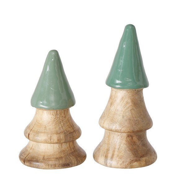 Boltze Home Decoratieve kerstboom Padise van Mangohout met groene glanzende top- H11cm en H13cm- Set van 2 stuks