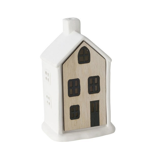 Boltze Home Huisje Homewood  porselein met hout  L8cm x B5,5cm x H13cm ( inclusief LR44 batterij )