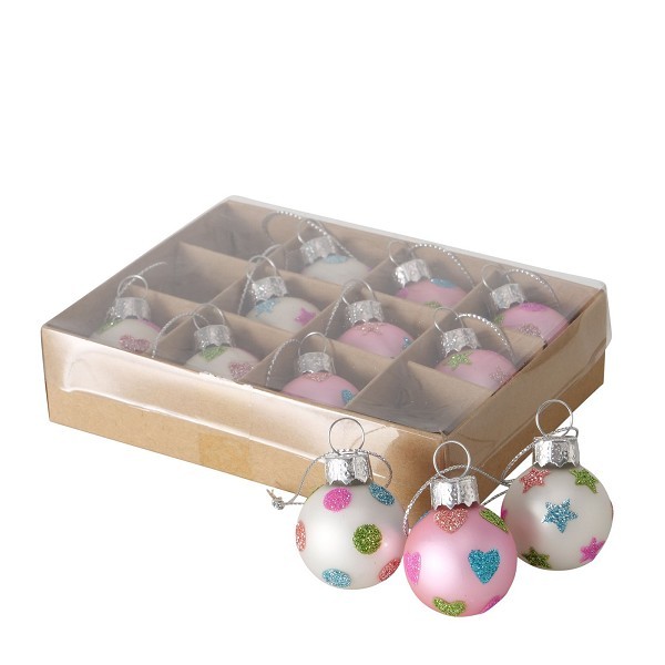 Boltze Home Kerstbal glas Holy 12 stuks in doosje- roze en wit gestippeld