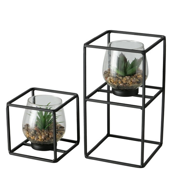 Boltze Home kunstplant in glazen pot en zwarte metalen standaard Sabia 2-delige set 11x11/13x24cm