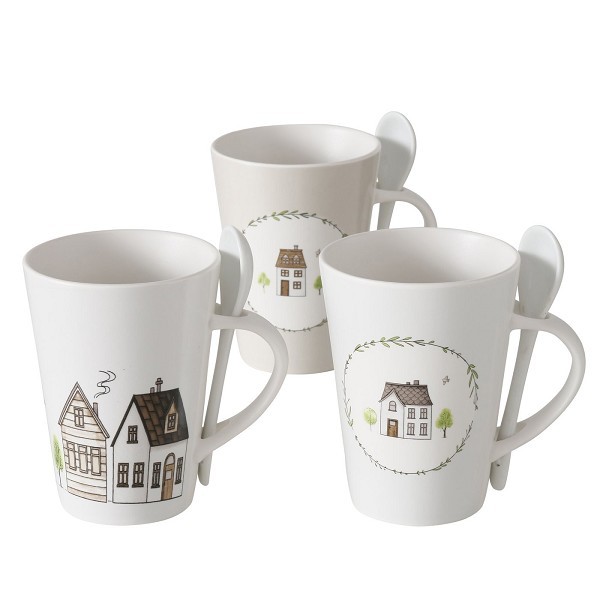 Boltze Home Mok Bergström met dessin huisjes inclusief lepel 330ml