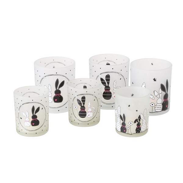 Boltze Home Theelichthouder glas Happy zwart/wit -2 delige set groot en klein