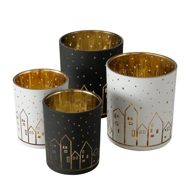 Boltze Home Theelichthouder glas Little Town met afbeelding huisjes set a 2 stuks- Dia7cm H8cm en Dia9cm H10cm wit/goud of zwart