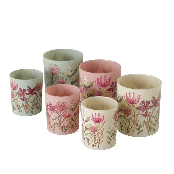 Boltze Home Theelichthouder glas Lumea bloemen set a 2 stuks Dia7cm H8,3cm en Dia 9cm H10cm roze/licht groen