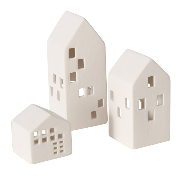 Boltze Home Theelichthouder Hans huisjes keramiek wit set a 3 stuks H7cm, H14cm en H18,5cm