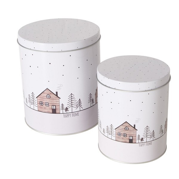 Boltze Home Voorraadblik Homewood met afbeelding van huisjes en kerstbomen set a 2 stuks Dia11cm H13cm en Dia14cm H16cm