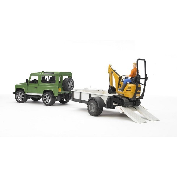 Bruder Land Rover Defender met aanhanger, JCB kraan en arbeider