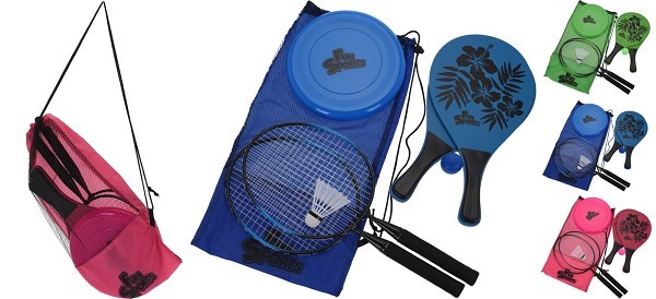 Buitenspeelset in tas met beachballset, badmintonset en frisbee