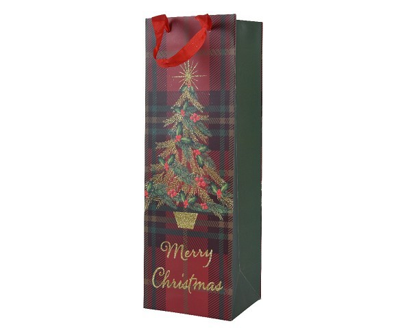 Decoris Cadeautas fles Merry Christmas schotse ruit L10cm x B12cm xH36cm gemaakt van hoogwaardig papier FSC 100%