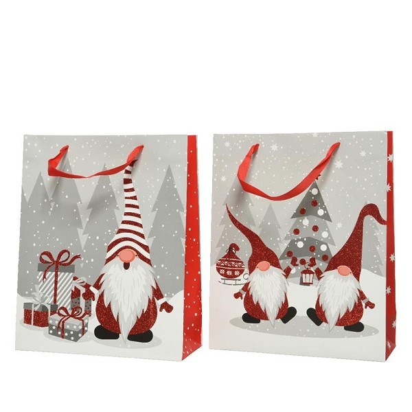 Decoris Cadeautas kerst met afbeelding Gnoom met rode glittermuts L8 x B18 x H24cm gemaakt van hoogwaardig papier FSC 100%