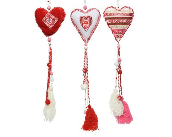 Decoris decohanger Hart textiel  9x1,5x55cm rood-wit met kwastjes en kralen