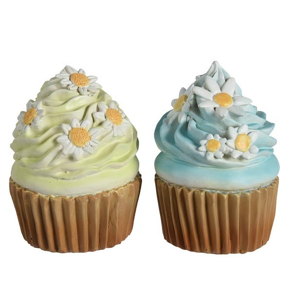 Decoris Decoratieve Beeld Cupcakes van polyresin 7x7x9cm 2 assorti handgemaakt