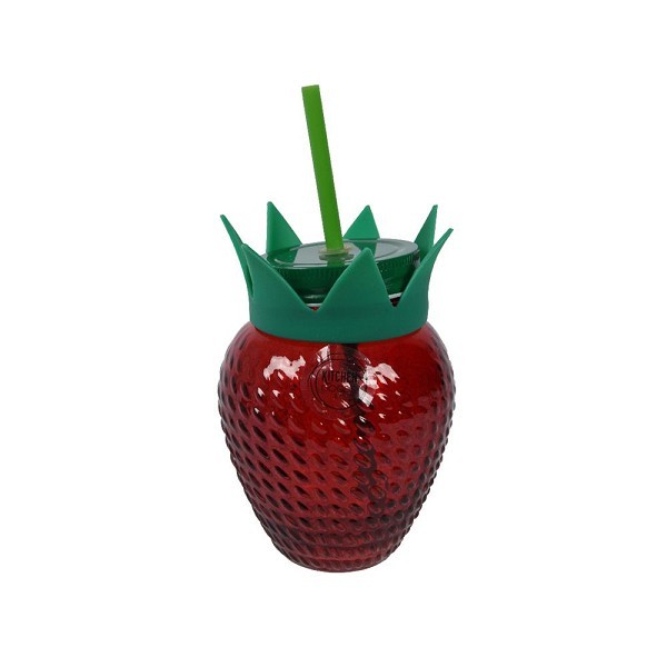 Decoris Drinkbeker Aardbei met rietje glas rood 450ml dia.10x13cm NIET vaatwasserbestendig