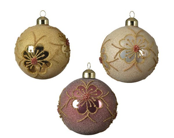 Decoris Gedecoreerde Kerstballenset van glas set a 3 ballen dia 8cm in assorti kleuren licht goud, pearl en velvet pink