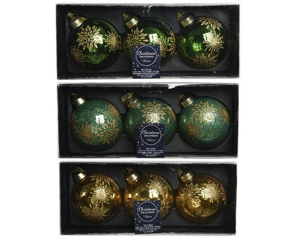 Decoris Gedecoreerde Kerstballenset van glas set a 3 ballen dia 8cm in kleuren pine green OF sage green OF light gold