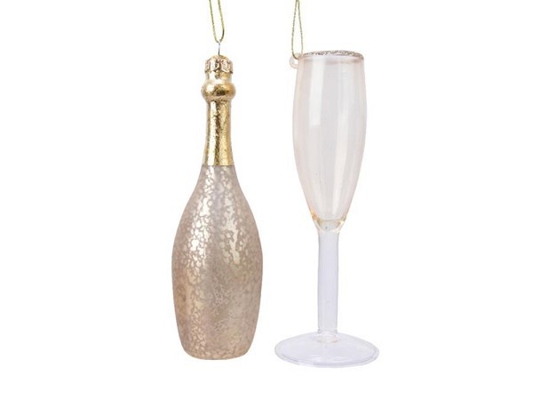 Decoris Glazen kerstornamentenset in de vorm van champagne fles en glas 12.5 cm verpakt in giftbox