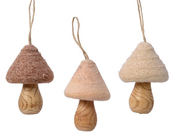 Decoris hangdeco Paddenstoel hout met wol en glitters - H10cm B7cm