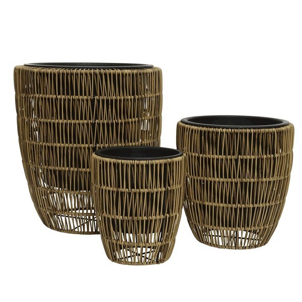 Decoris Kate bloempot wicker set a 3 stuks -dia38-H42cm- outdoor- kleur bruin