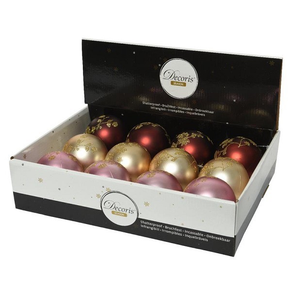 Decoris Kerstballen kunststof Ø8cm doos a 12 stuks mat finish butterscotch, redwood en roze