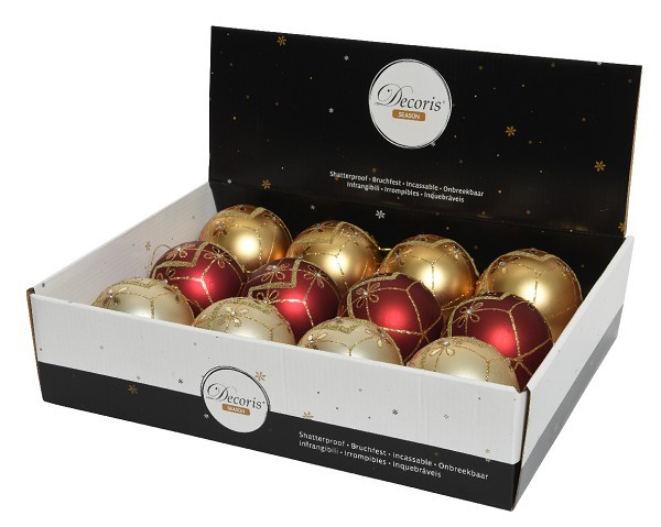 Decoris Kerstballen kunststof Ø8cm doos a 12 stuks mat finish in pearl licht goud en ossenbloed