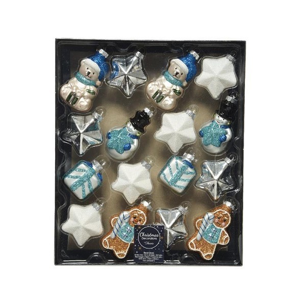 Decoris Kerstballenmix van glas 16 assorti ornamenten wit/zilver/blauw/bruin