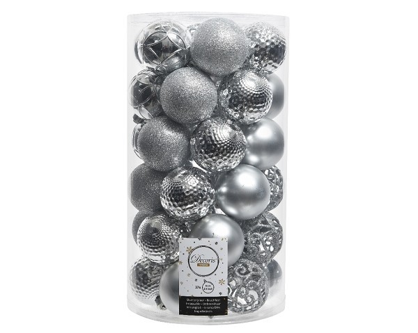 Decoris Kerstballenset Ø 6cm koker a 37 stuks assorti dessin zilver