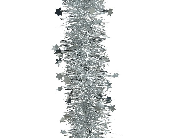 Decoris kerstboom guirlande tinsel glans ster 10cm x 270cm zilver