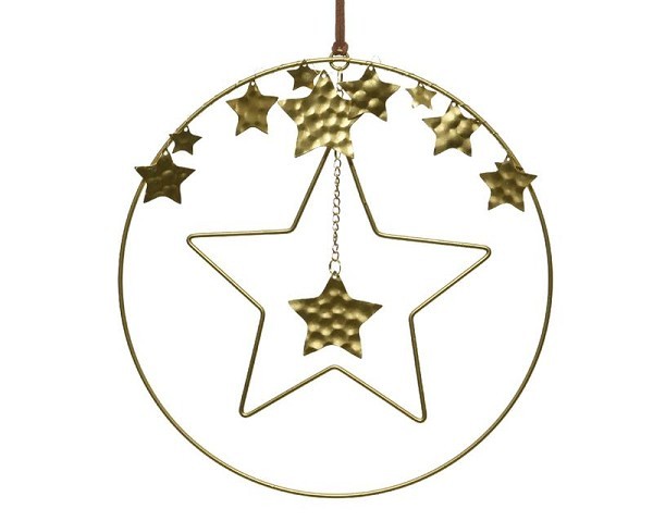 Decoris Kerstdecoratie hanger gouden cirkel met sterren dia 25cm, ijzer met leren hanger