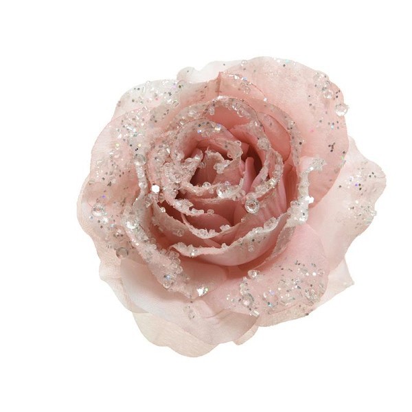 Decoris kerstdecoratie Roos op clip polyester poeder roze dia14x8,5cm