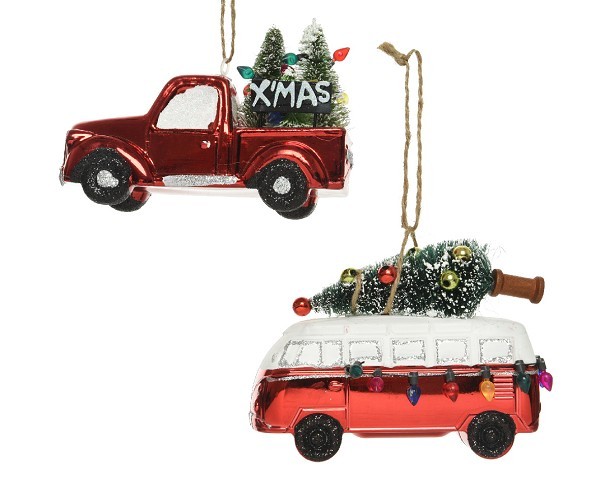 Decoris Kersthanger kunststof Truck of Vwbusje rood met kerstboom- L4,7cm B12cm H9cm