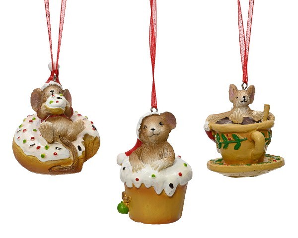 Decoris Kersthanger Muis polyresin op donut, cupcake of in kopje - L5,7cm- B6,5cm-H5 cm