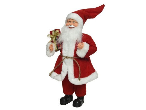 Decoris Kerstman met pakket in traditioneel rode kerstpak 14x25x45cm