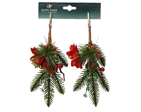 Decoris Kersttakje groen met rode decoratie  - op clip 2 stuks