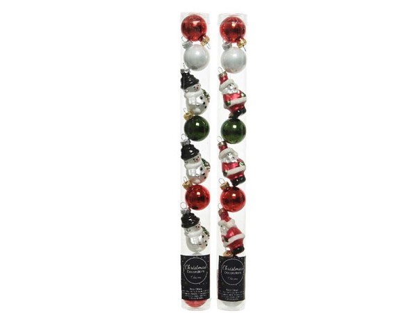 Decoris Koker kerstfiguren van glas, koker a 9 stuks  wit/rood/groen