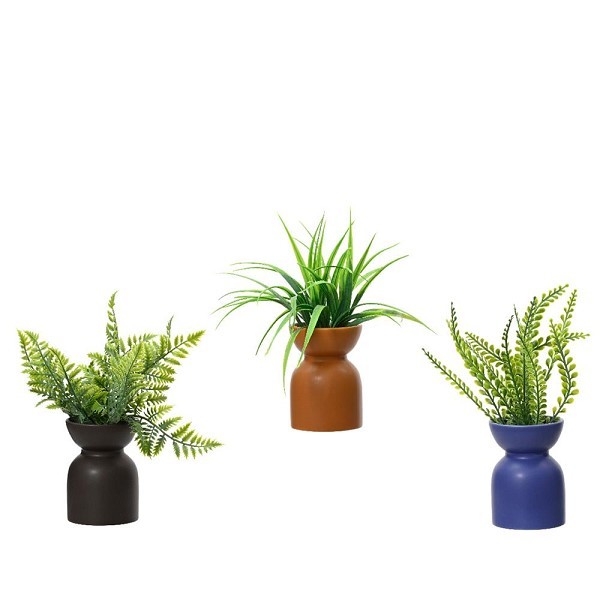 Decoris kunstplant groen in pot kunststof/aardewerk dia8x23cm 3 assorti