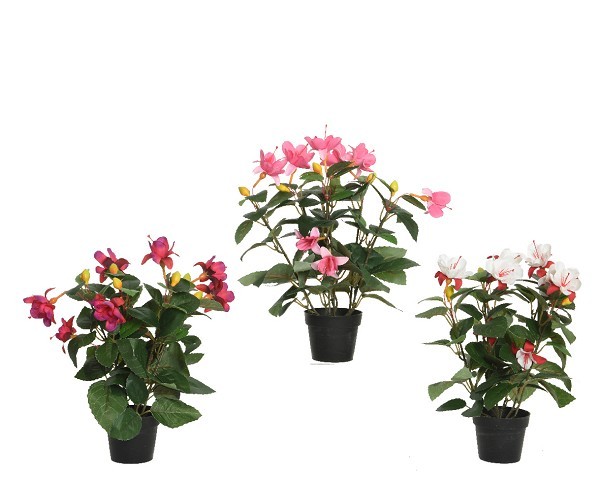 Decoris Kunststof plant Fuchsia in kunststof pot zwart L30-B30-H30cm verkrijgbaar in paars, roze of wit