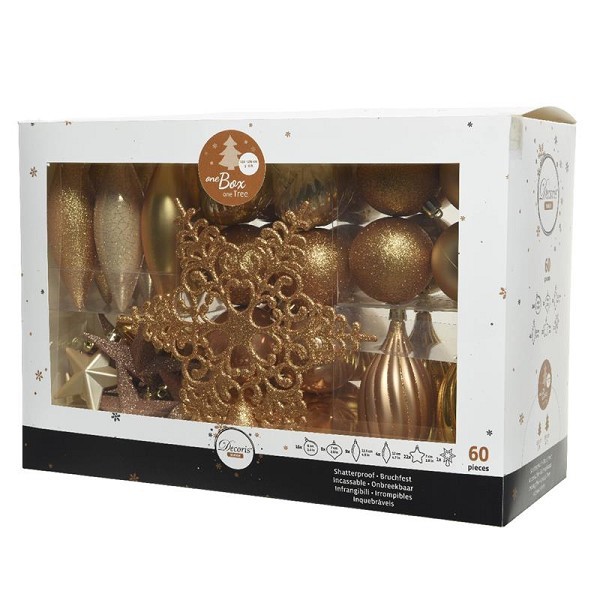 Decoris onbreekbaar Kerstballenset 59 assorti ballen met 1 piek licht goud/parel/butterscotch