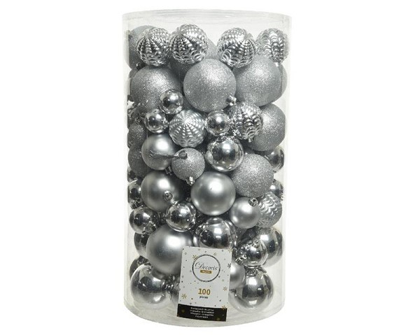 Decoris Onbreekbare Kerstballenmix van kunststof,  koker van 100 stuks, Zilver