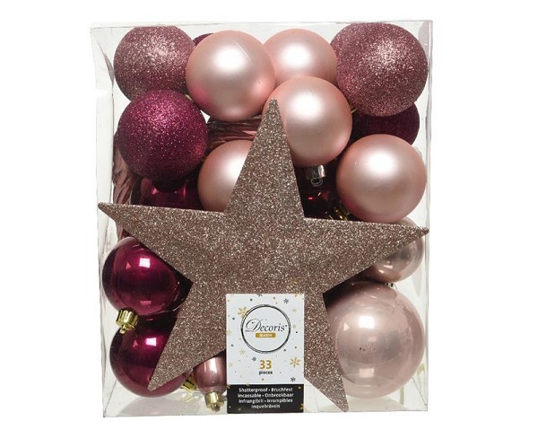 Decoris Onbreekbare kerstballenset a 33 stuks met piek in assorti kleuren blush pink, magnolia en velvet pink