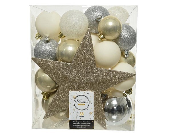 Decoris Onbreekbare kerstballenset a 33 stuks met piek in assorti kleuren pearl, zilver, wol wit.