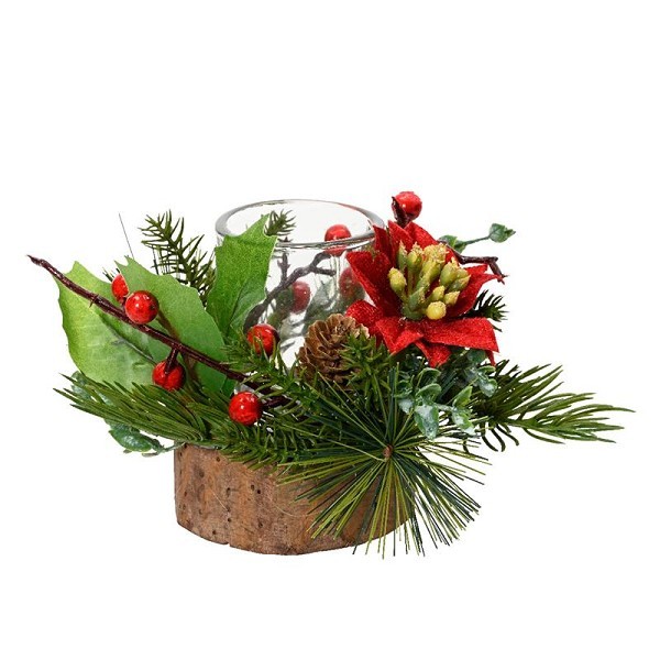 Decoris Theelichthouder glas in houten standaard met kerststukje groen/rood  H14 cm