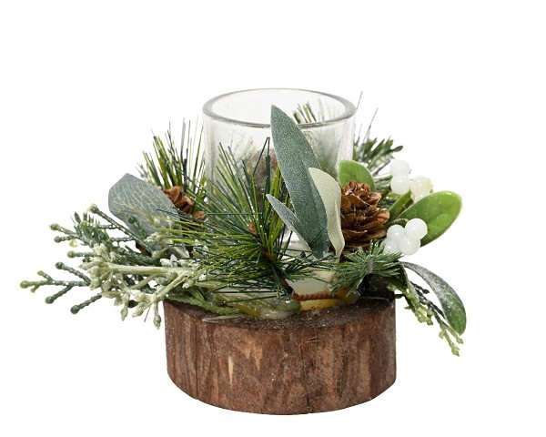 Decoris Theelichthouder glas in houten standaard met kerststukje groen/wit H14 cm