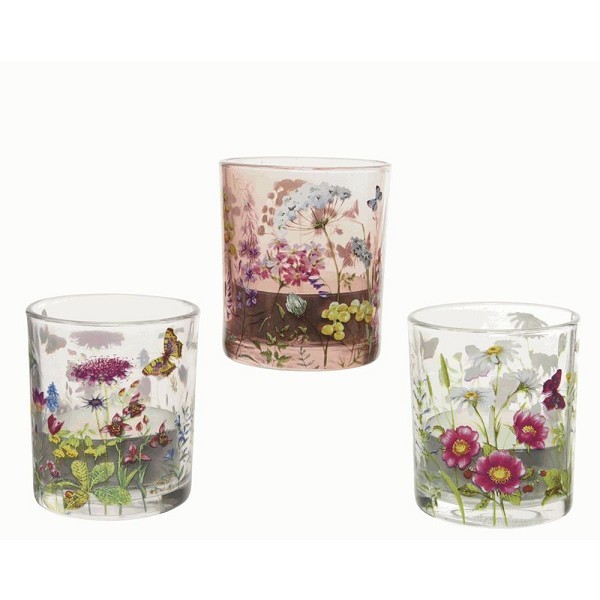 Decoris Theelichthouder van glas met bloemen dessin dia.7x8,3cm 3 assorti